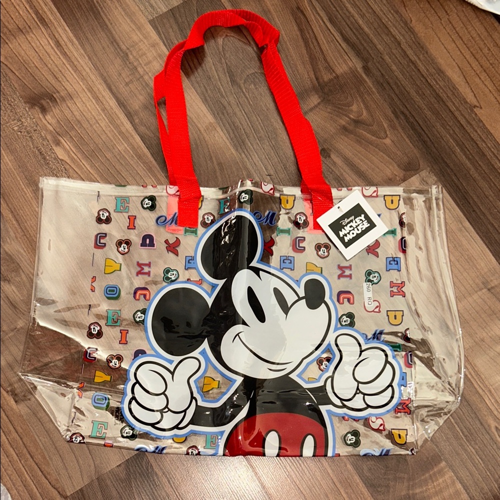 Disney Clear Mickey Tote with Red Handles and Colorful Letter Print